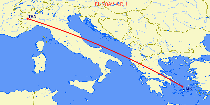 перелет Миконос — Турин на карте