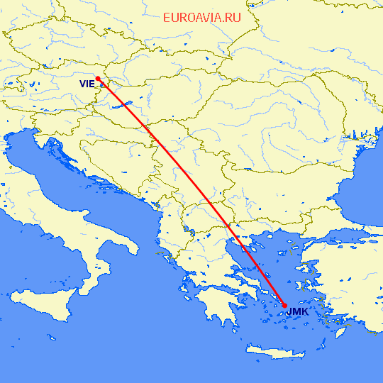 перелет Миконос — Вена на карте
