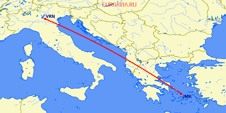 перелет Миконос — Верона на карте