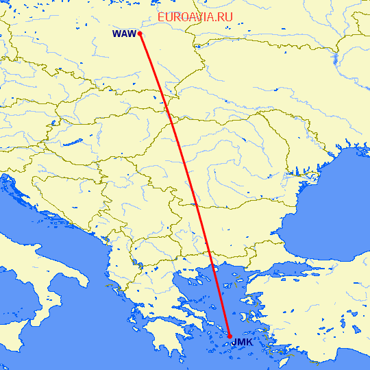 перелет Миконос — Варшава на карте