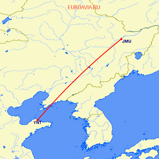 перелет Джаймуси (Китай) — Янтай на карте