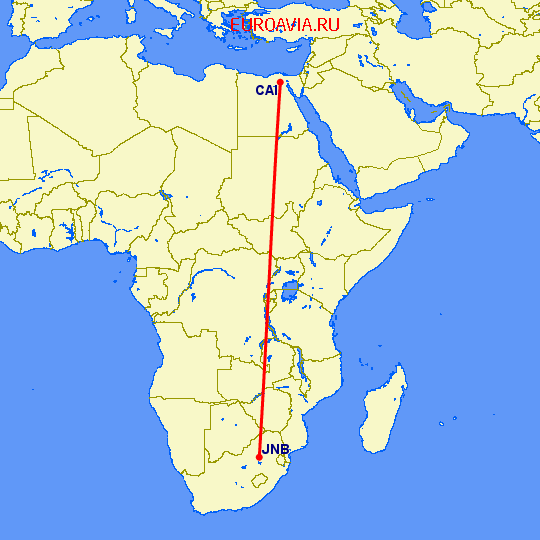 перелет Йоханнесбург — Каир на карте
