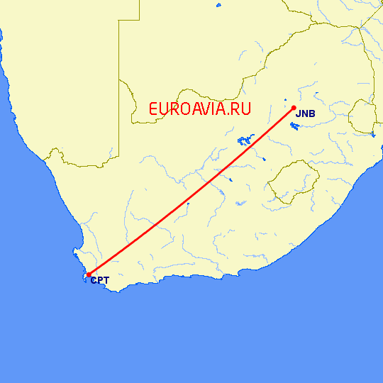 перелет Йоханнесбург — Кейптаун на карте