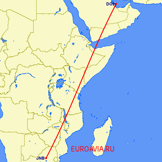 перелет Йоханнесбург — Доха на карте