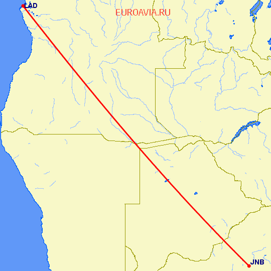 перелет Йоханнесбург — Луанда на карте