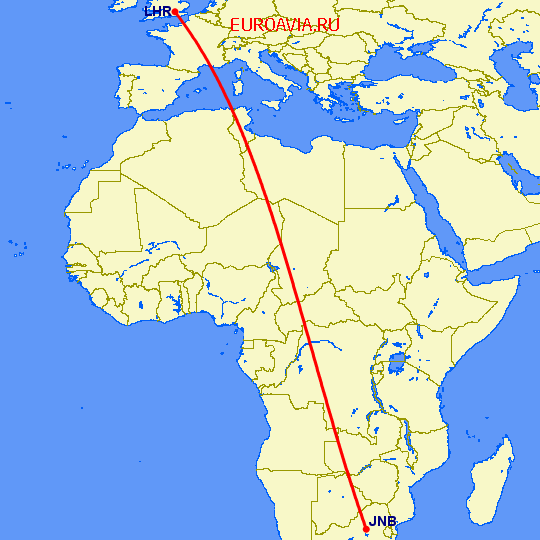 перелет Йоханнесбург — Лондон на карте