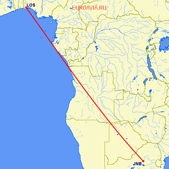 перелет Йоханнесбург — Лагос на карте