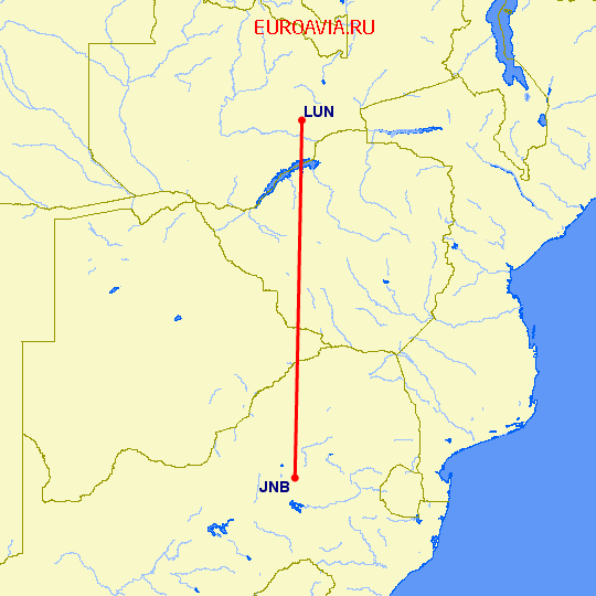 перелет Йоханнесбург — Лусака на карте