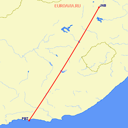 перелет Йоханнесбург — Плеттенберг Бей на карте