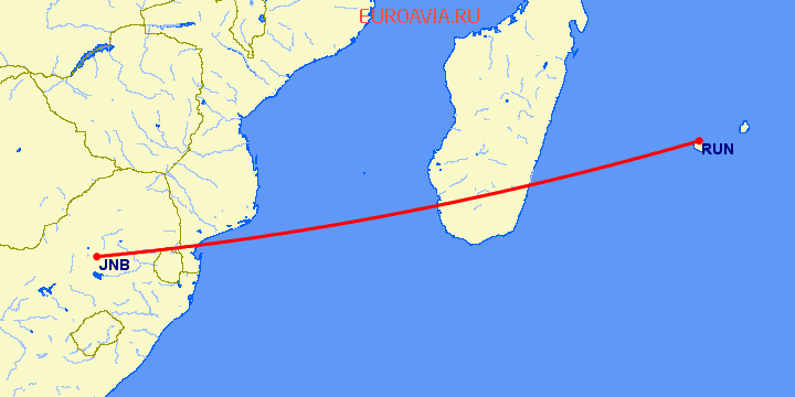 перелет Йоханнесбург — St Denis de la Reunion на карте