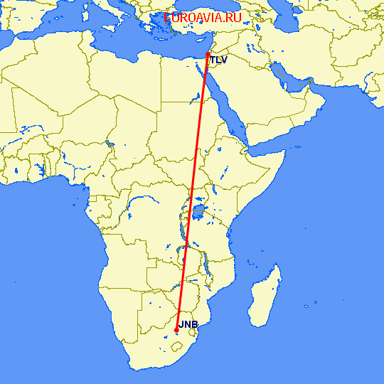 перелет Йоханнесбург — Тель Авив на карте