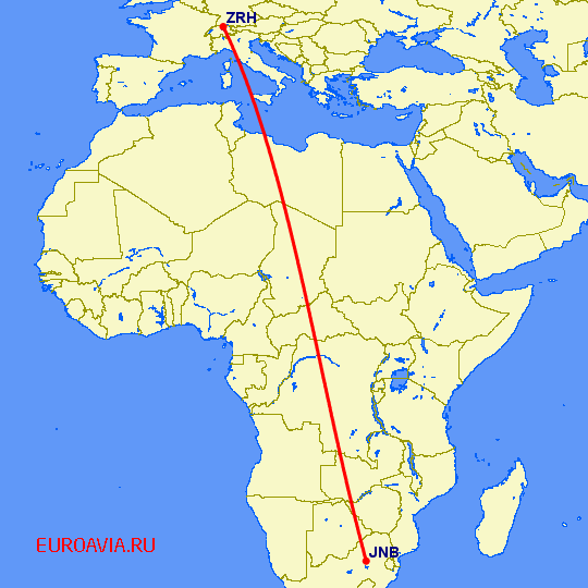 перелет Йоханнесбург — Цюрих на карте