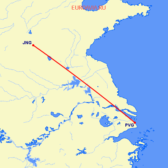перелет Цзинин — Шанхай на карте