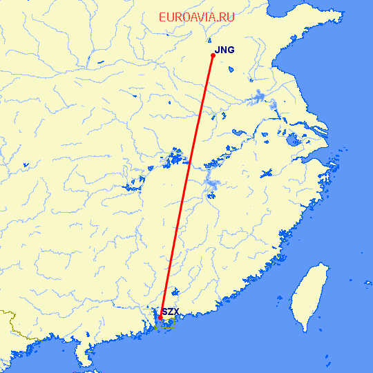 перелет Цзинин — Шэньчжэнь на карте