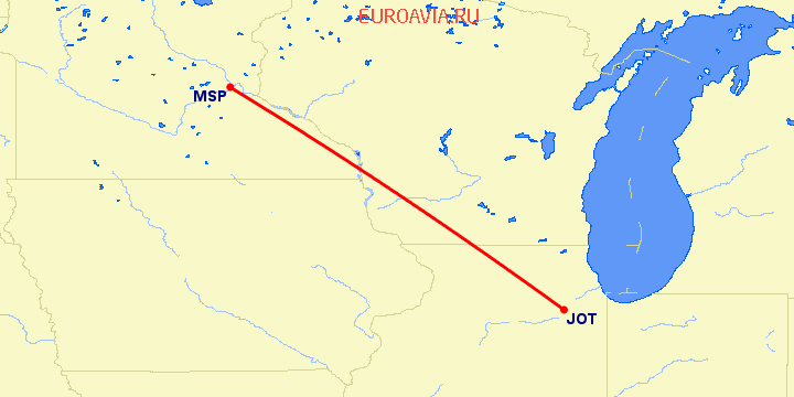 перелет Joliet — Миннеаполис на карте