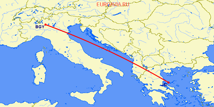 перелет Скиатлос — Бергамо на карте