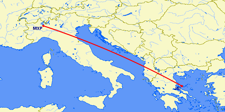 перелет Скиатлос — Милан на карте