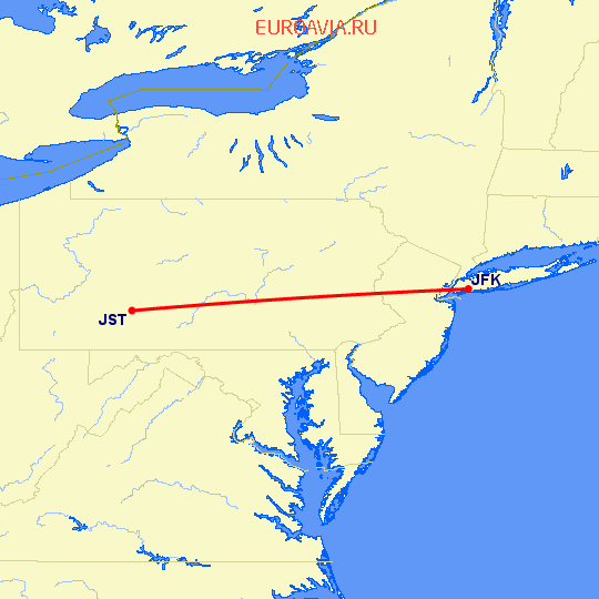 перелет Johnstown — Нью Йорк на карте