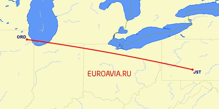 перелет Johnstown — Чикаго на карте