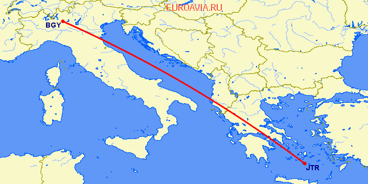 перелет Санторини — Бергамо на карте