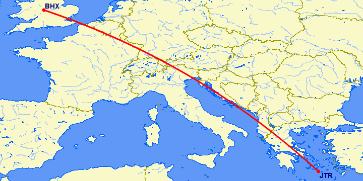 перелет Санторини — Бирмингем на карте