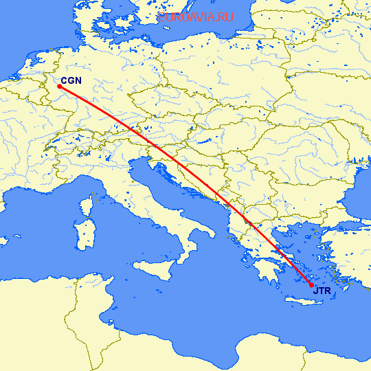 перелет Санторини — Кельн на карте