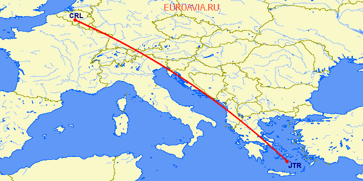 перелет Санторини — Шарлеруа на карте
