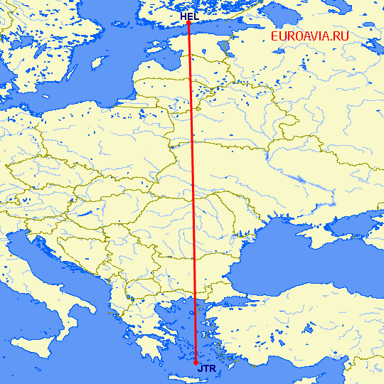 перелет Санторини — Хельсинки на карте