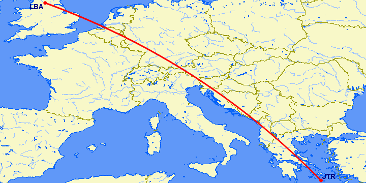 перелет Санторини — Лидс на карте