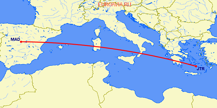 перелет Санторини — Мадрид на карте