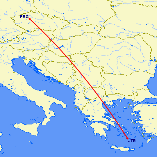 перелет Санторини — Прага на карте