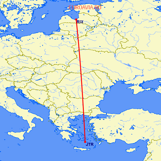 перелет Санторини — Рига на карте
