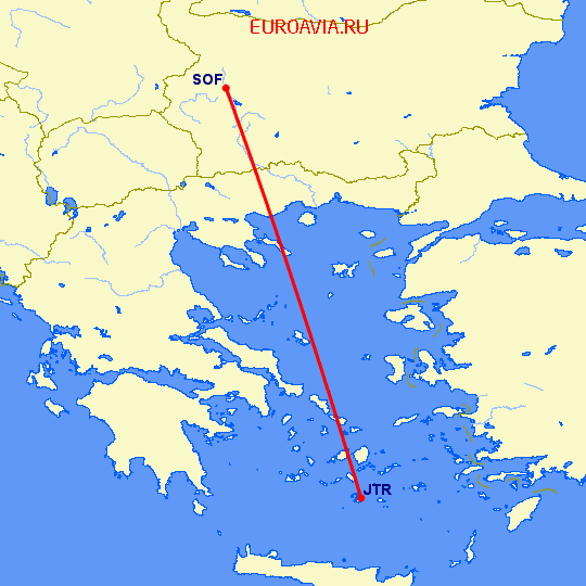 перелет Санторини — София на карте