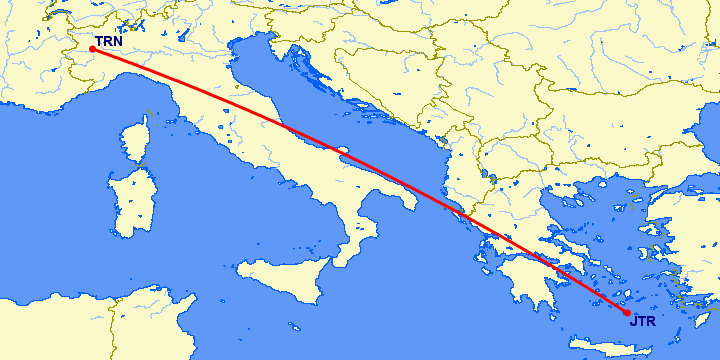 перелет Санторини — Турин на карте