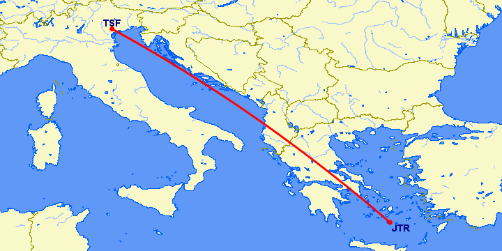перелет Санторини — Тревисо на карте