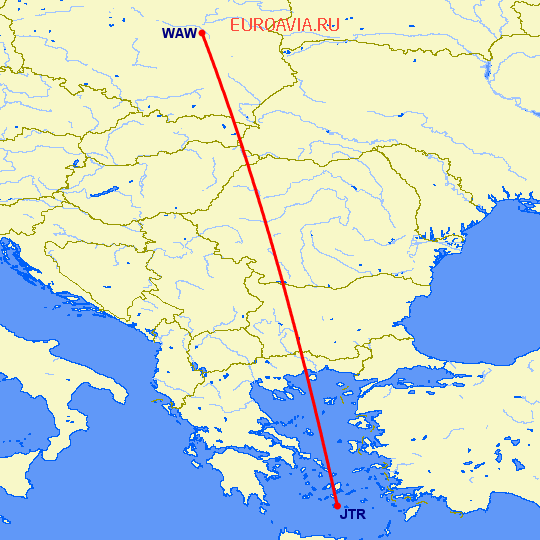 перелет Санторини — Варшава на карте