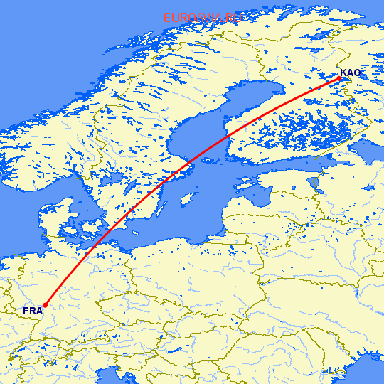 перелет Кусамо — Франкфурт на Майне на карте