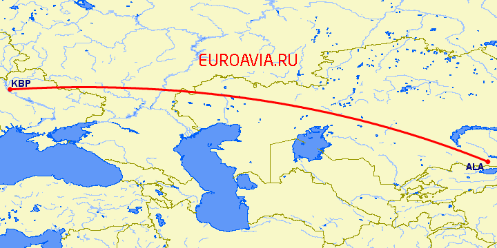 перелет Киев — Алматы на карте