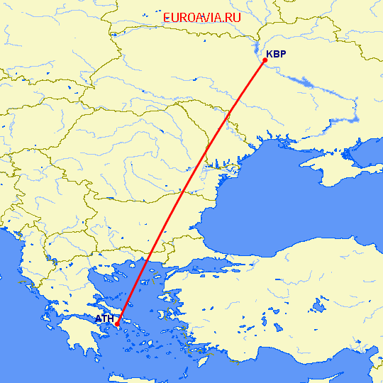перелет Киев — Афины на карте