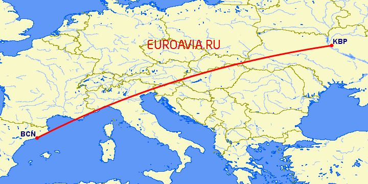 перелет Киев — Барселона на карте