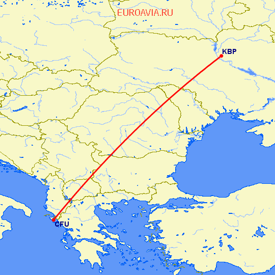 перелет Киев — Керкира на карте