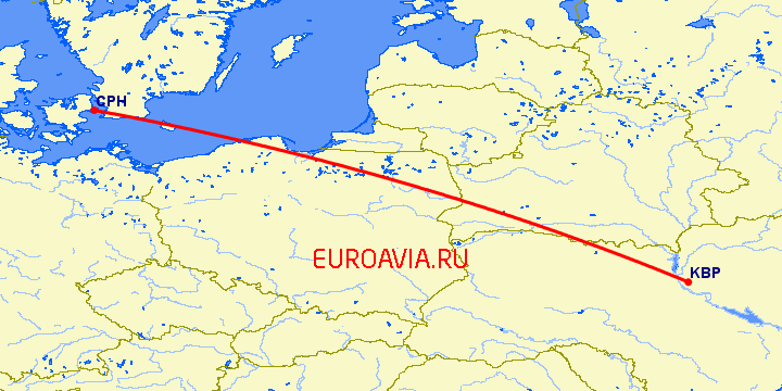 перелет Киев — Копенгаген на карте