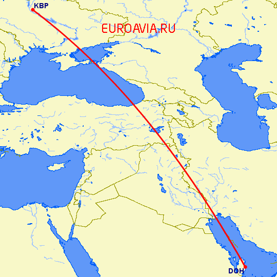 перелет Киев — Доха на карте