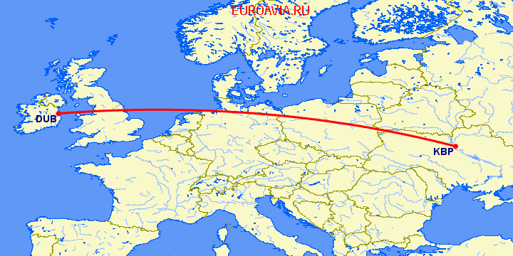 перелет Киев — Дублин на карте