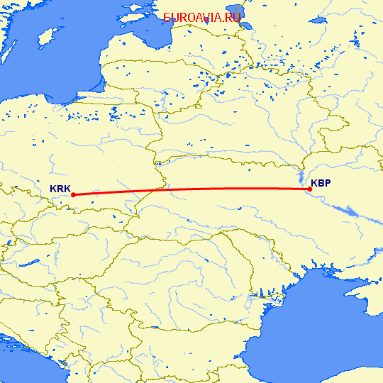 перелет Киев — Краков на карте