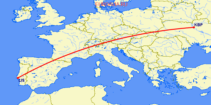 перелет Киев — Лиссабон на карте