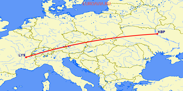 перелет Киев — Лион на карте