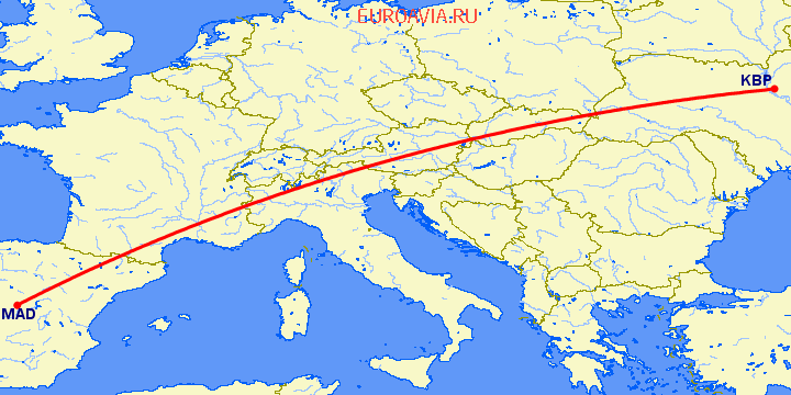 перелет Киев — Мадрид на карте