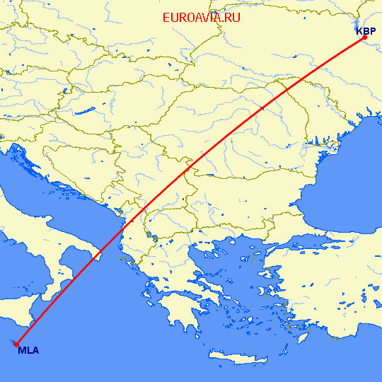 перелет Киев — Мальта на карте