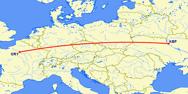 перелет Киев — Париж на карте